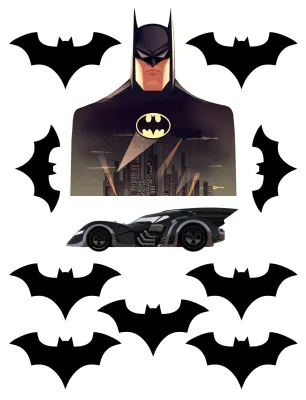 Batman – noční Gotham, Batmobil a siluety – obdélníkový jedlý papír na dort