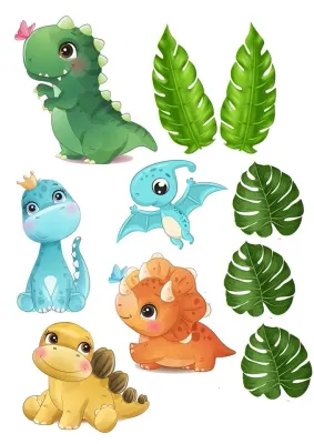 Dinosauři – akvarelová mláďata s korunkou – obdélníkový jedlý papír na dort