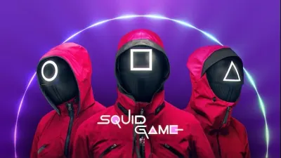 Squid Game – strážci a fialové pozadí – obdélníkový jedlý papír na dort