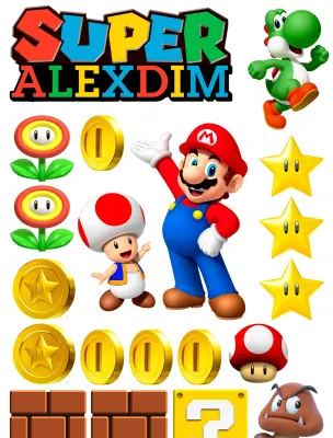 Super Mario – Mario, Yoshi, Toad a Goomba – obdélníkový jedlý papír na dort