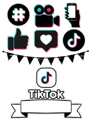 TikTok – neonové ikony, ruka s mobilem – obdélníkový jedlý papír na dort