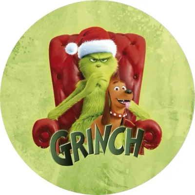 Grinch – v křesle s pejskem Maxem a nápisem – jedlý papír na dort