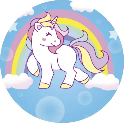 Jednorožec – Unicorn: Poník na obláčcích s duhou – jedlý papír na dort