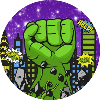 Hulk – pěst a komiksové bubliny nad městem – jedlý papír na dort