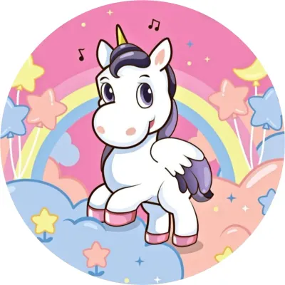 Jednorožec – Unicorn: Okřídlený s notami a balonky – jedlý papír na dort