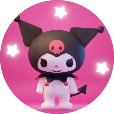 Kuromi – 3D postavička a růžové pozadí – jedlý papír na dort