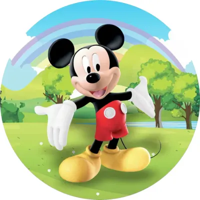Mickey Mouse – otevřená náruč na louce s duhou – jedlý papír na dort