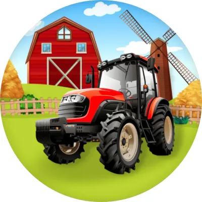 Traktor – červený na louce u stodoly – jedlý papír na dort