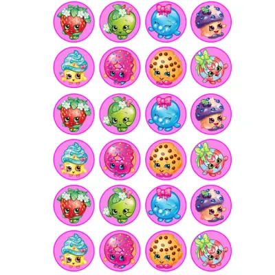 Shopkins na cupcakes – různé figurky a růžová – jedlá kolečka na cupcakes