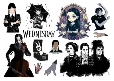 Wednesday – siluety, deštník, cello a Thing – obdélníkový jedlý papír na dort