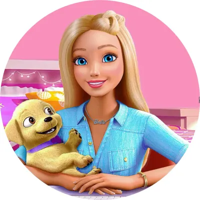 Barbie – v modré košili se štěňátkem – jedlý papír na dort