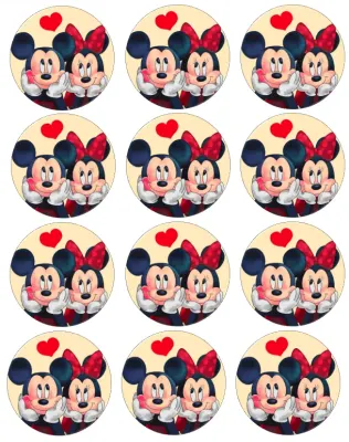 Mickey a Minnie – pohled do očí a srdíčko – jedlá kolečka na cupcakes