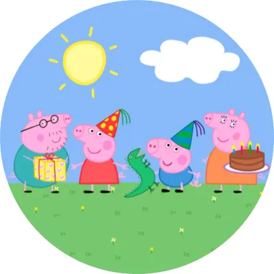 Prasátko Peppa – rodinka s dortem a kloboučky – jedlý papír na dort