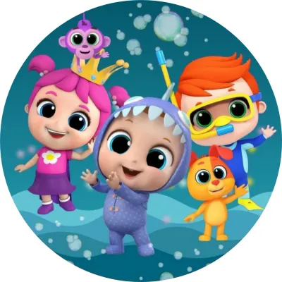 Baby Shark – děti v kostýmech a pejsek – jedlý papír na dort