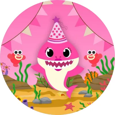 Baby Shark – růžová žraločice s čepičkou – jedlý papír na dort