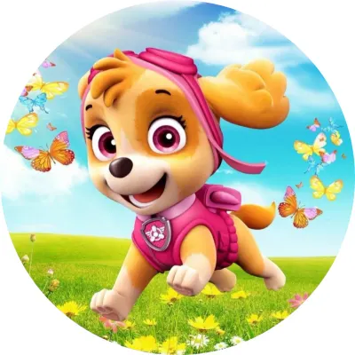 Paw Patrol – běžící Skye na louce s motýly – jedlý papír na dort