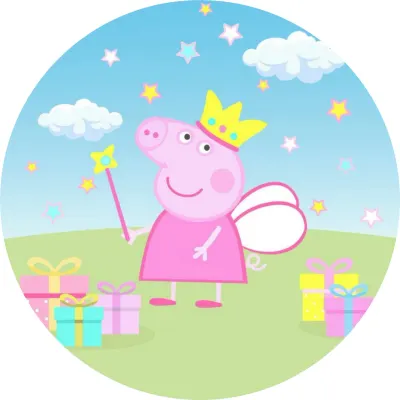 Prasátko Peppa – víla s korunkou a dárky – jedlý papír na dort