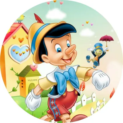 Pinocchio – se cvrčkem u barevných domečků – jedlý papír na dort