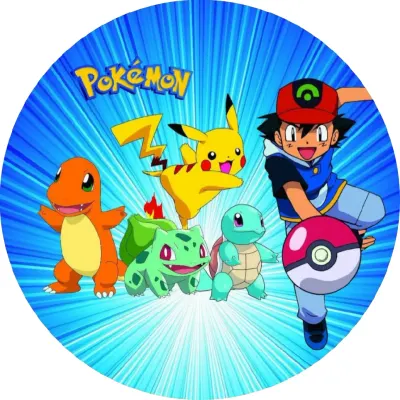 Pokémon – Ash a startéři na modrém pozadí – jedlý papír na dort
