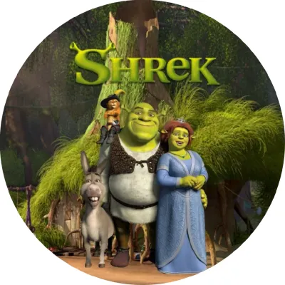 Shrek – celá parta u bažiny s nápisem – jedlý papír na dort