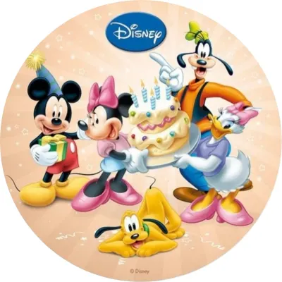 Mickey a Minnie – celá parta s dortem a dárkem – jedlý papír na dort