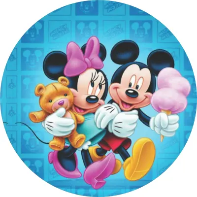 Mickey a Minnie – ruku v ruce na modrém pozadí – jedlý papír na dort