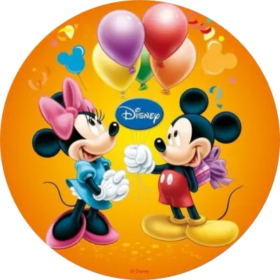 Mickey a Minnie – balonky a dárek na oranžové – jedlý papír na dort