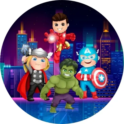 Avengers – kreslená čtyřka a fialové město – jedlý papír na dort