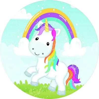 Jednorožec – Unicorn: Poník na trávě s duhou – jedlý papír na dort