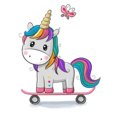 Jednorožec – Unicorn: Na růžovém skateboardu – jedlý papír na dort