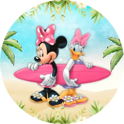 Minnie a Daisy – na pláži se surfem – jedlý papír na dort