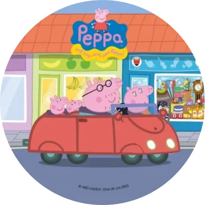 Prasátko Peppa – rodina v červeném autě – jedlý papír na dort