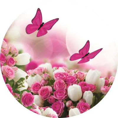 Motýlci – purpuroví nad růžemi a tulipány – jedlý papír na dort