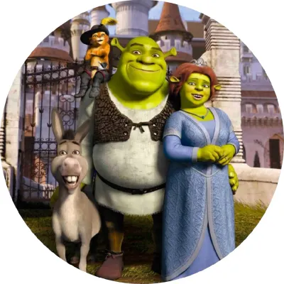 Shrek – celá parta před pohádkovým hradem – jedlý papír na dort