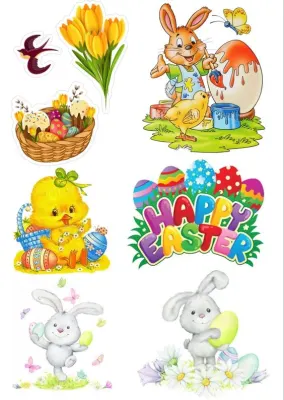 Velikonoční výřez – zajíčci a Happy Easter – obdélníkový jedlý papír na dort