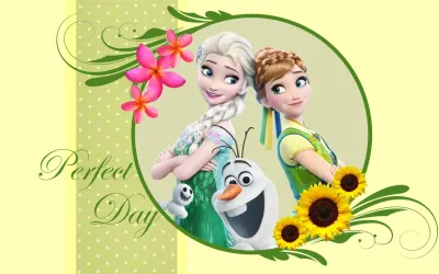 Frozen – Elsa, Anna a nápis Perfect Day – obdélníkový jedlý papír na dort