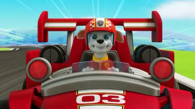 Paw Patrol – Marshall v závodním autě č. 3 – obdélníkový jedlý papír na dort