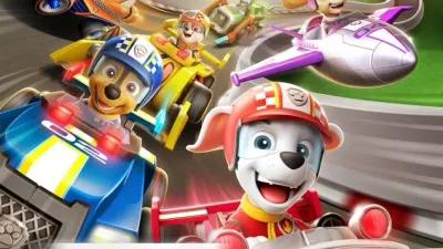 Paw Patrol – závodní Marshall, Chase a Rubble – obdélníkový jedlý papír na dort