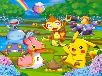 Pokémon – Pikachu u vody mezi hortenziemi – obdélníkový jedlý papír na dort