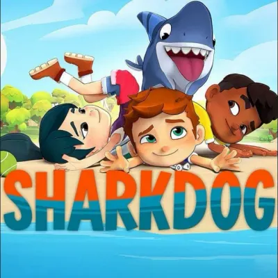 Sharkdog – s kamarády na pláži a nápis – obdélníkový jedlý papír na dort
