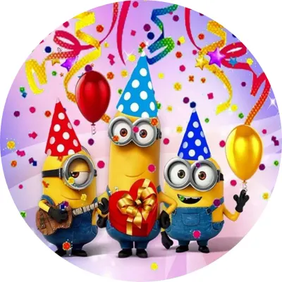 Mimoni – v párty čepicích s dárkem – jedlý papír na dort