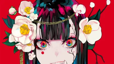 Anime – dívka s květy ve vlasech a duhovýma očima – obdélníkový jedlý papír na dort