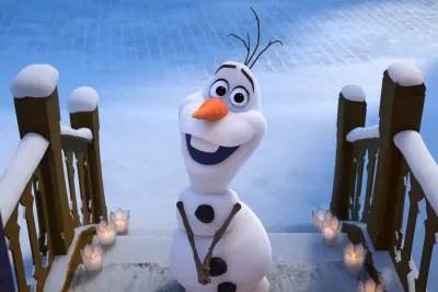 Frozen – Olaf na zasněžených schodech s lucernami – obdélníkový jedlý papír na dort