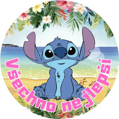 Lilo & Stitch – Stitch na pláži s květy – jedlý papír na dort