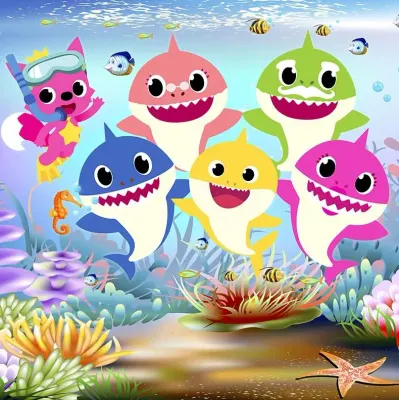 Baby Shark – rodinka s lištičkou a koníky – obdélníkový jedlý papír na dort
