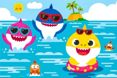 Baby Shark – rodinka s brýlemi a kruhem – obdélníkový jedlý papír na dort
