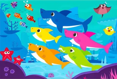 Baby Shark – celá rodinka a korálový útes – obdélníkový jedlý papír na dort