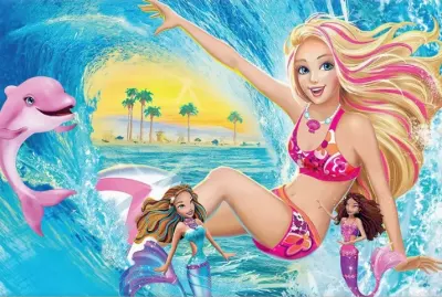 Barbie – surfování s delfínem a mořskými pannami – obdélníkový jedlý papír na dort