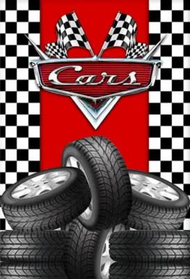 Cars – chromované logo, šachovnice a kola – obdélníkový jedlý papír na dort