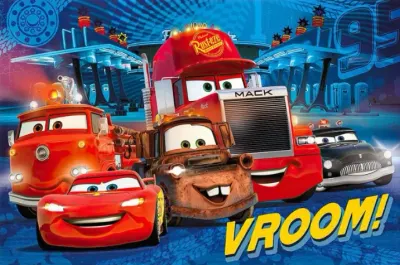 Cars – parta u benzinky s nápisem VROOM! – obdélníkový jedlý papír na dort